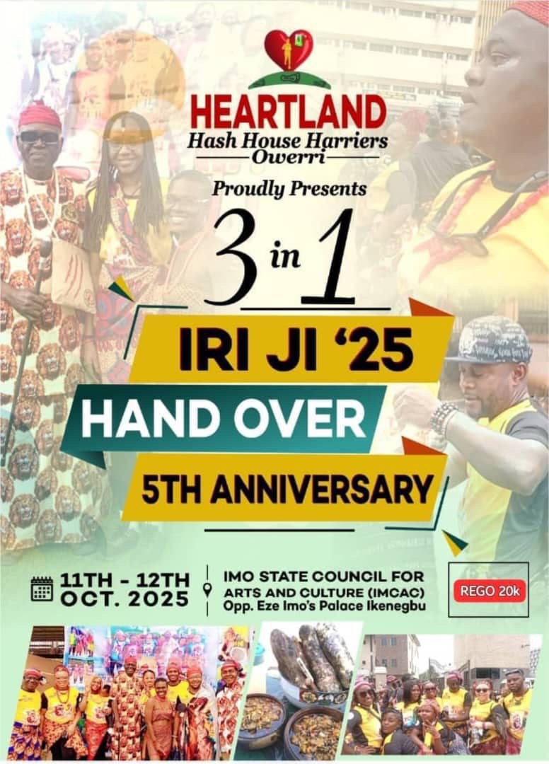 3 in 1                                         We celebrate one of igbo land's oldest culture. this annual cultured-themed event is HeartLand's biggest event with an average turnout of over 150 hashers. Now its even Bigger & Better with Heartland Anniversary & Handover all rolled into one Event. Rego on time.